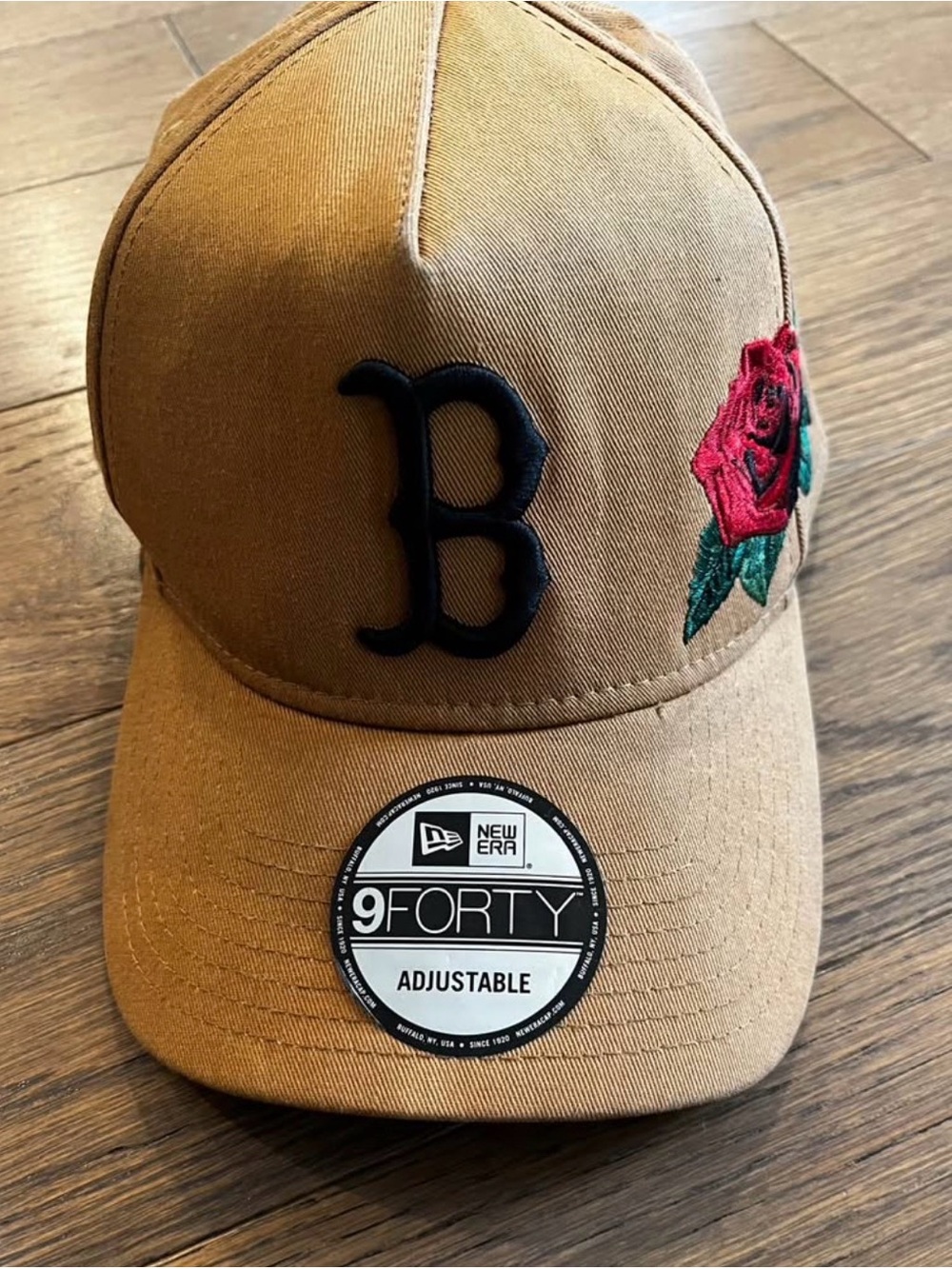 New Era Tan Cap with Black 'B' Logo and Red Rose Embroidery